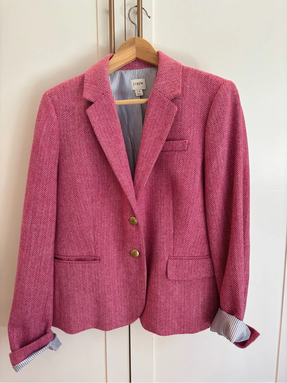 J. Crew Pink Herringbone Blazer with Gold Buttons